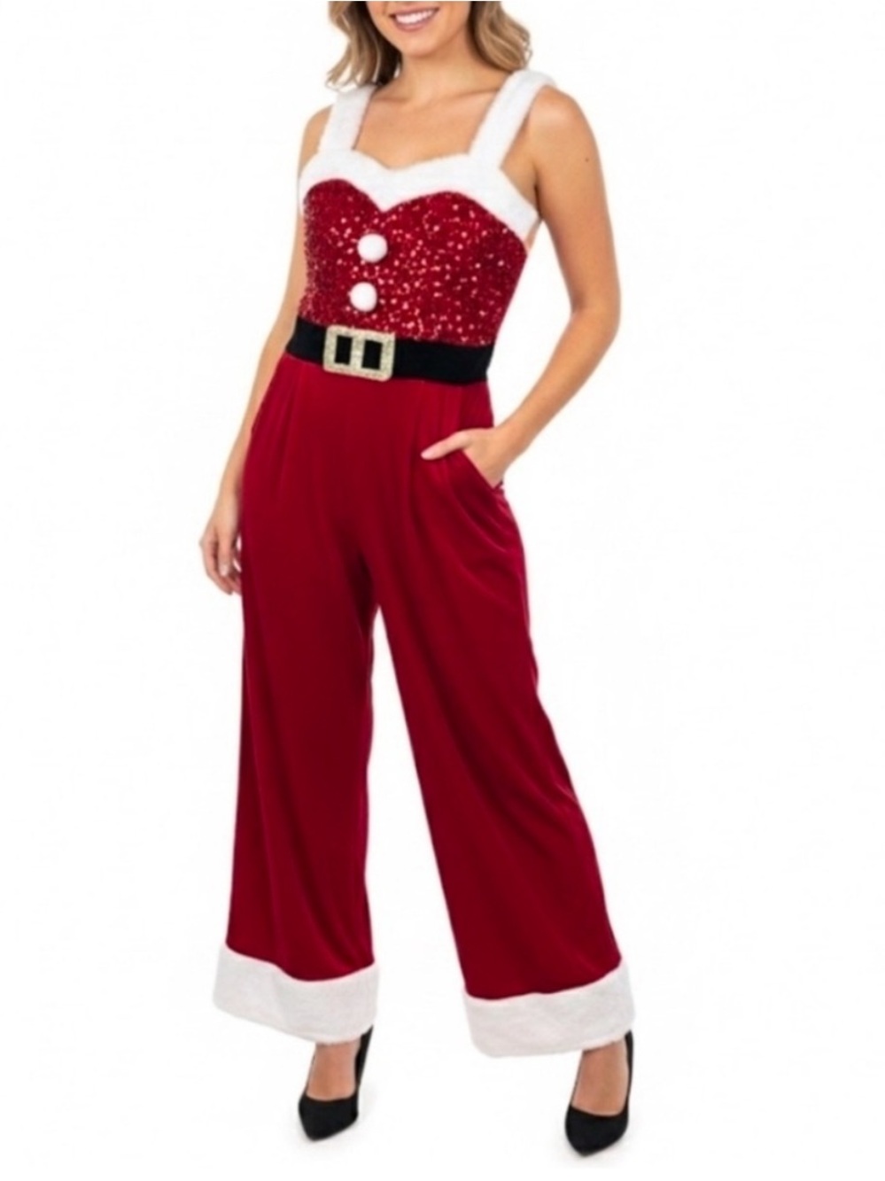 Love On A Hanger Sequin Christmas Jumpsuit With Pockets Stretchy Waist Size XS
